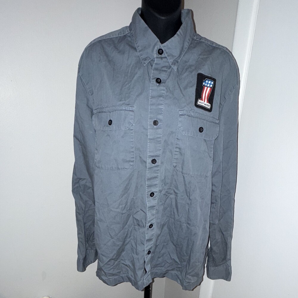 Harley-Davidson Motorclothes Men's L Gray Long Sleeve Button Up Mechanic Shirt